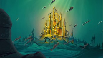 Movie still from “The Little Mermaid II: Return to the Sea” (2000), directed by Bill Speers – An illustration of a castle in the middle of the ocean; Extreme Wide shot, Low angle