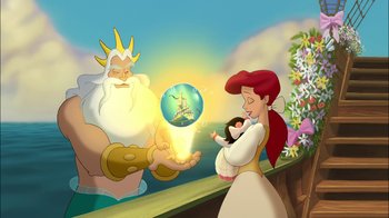 Movie still from “The Little Mermaid II: Return to the Sea” (2000), directed by Bill Speers – Ariel and flounder in the little mermaid; Medium shot, Low angle