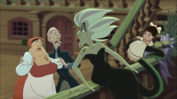 Movie still from “The Little Mermaid II: Return to the Sea” (2000), directed by Bill Speers – An animated scene of a woman walking down a staircase; Medium shot, Over the shoulder angle