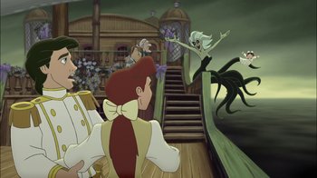 Movie still from “The Little Mermaid II: Return to the Sea” (2000), directed by Bill Speers – A group of people standing on top of a wooden deck; Wide shot, Over the shoulder angle