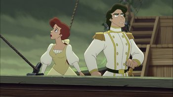 Movie still from “The Little Mermaid II: Return to the Sea” (2000), directed by Bill Speers – A couple of people standing next to each other on a boat; Medium shot, Over the shoulder angle