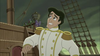 Movie still from “The Little Mermaid II: Return to the Sea” (2000), directed by Bill Speers – A man in a white and black uniform standing in front of a ship; Medium shot, Over the shoulder angle