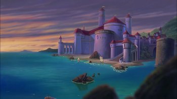 Movie still from “The Little Mermaid II: Return to the Sea” (2000), directed by Bill Speers – A painting of a castle on the water; Extreme Wide shot, Low angle