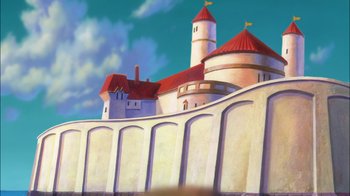 Movie still from “The Little Mermaid II: Return to the Sea” (2000), directed by Bill Speers – A painting of a castle with a red roofed building; Extreme Wide shot, Low angle