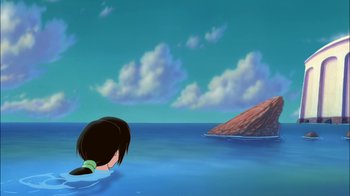 Movie still from “The Little Mermaid II: Return to the Sea” (2000), directed by Bill Speers – A person in the water looking at an island in the ocean; Extreme Wide shot, High angle
