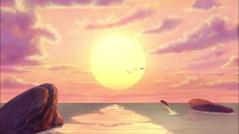 Movie still from “The Little Mermaid II: Return to the Sea” (2000), directed by Bill Speers – An image of an ocean with a bird flying in the sky; Extreme Wide shot, Low angle