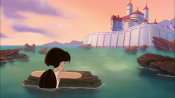 Movie still from “The Little Mermaid II: Return to the Sea” (2000), directed by Bill Speers – An animated scene of a woman swimming in the water; Extreme Wide shot, Over the shoulder angle
