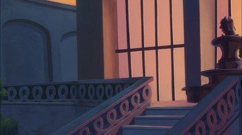 Movie still from “The Little Mermaid II: Return to the Sea” (2000), directed by Bill Speers – A painting of an open window and a staircase; Extreme Wide shot, Low angle