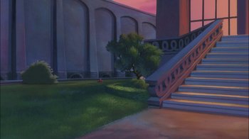 Movie still from “The Little Mermaid II: Return to the Sea” (2000), directed by Bill Speers – A painting of stairs and a building in the background; Extreme Wide shot, Low angle