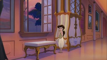 Movie still from “The Little Mermaid II: Return to the Sea” (2000), directed by Bill Speers – A woman standing next to a bench in front of a window; Wide shot, High angle