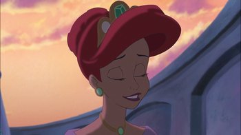 Movie still from “The Little Mermaid II: Return to the Sea” (2000), directed by Bill Speers – A cartoon character with her eyes closed; Close Up shot, High angle