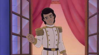 Movie still from “The Little Mermaid II: Return to the Sea” (2000), directed by Bill Speers – A man dressed in a white uniform with gold trim; Medium shot, Over the shoulder angle