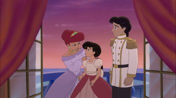 Movie still from “The Little Mermaid II: Return to the Sea” (2000), directed by Bill Speers – A couple of people standing next to each other; Medium shot, Over the shoulder angle