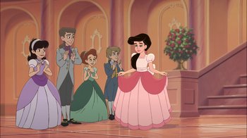 Movie still from “The Little Mermaid II: Return to the Sea” (2000), directed by Bill Speers – A group of people standing in a room with a princess; Wide shot, Over the shoulder angle