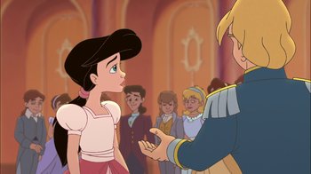 Movie still from “The Little Mermaid II: Return to the Sea” (2000), directed by Bill Speers – A group of people standing in front of a crowd; Medium shot, Over the shoulder angle