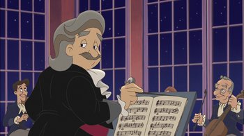 Movie still from “The Little Mermaid II: Return to the Sea” (2000), directed by Bill Speers – An old man is holding a sheet of music; Medium shot, Over the shoulder angle