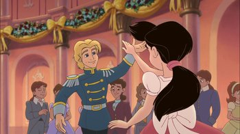 Movie still from “The Little Mermaid II: Return to the Sea” (2000), directed by Bill Speers – A man and a woman are dancing in front of a crowd; Medium shot, Over the shoulder angle