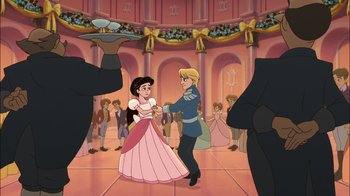 Movie still from “The Little Mermaid II: Return to the Sea” (2000), directed by Bill Speers – A man and a woman are dancing in a ballroom; Wide shot, Over the shoulder angle