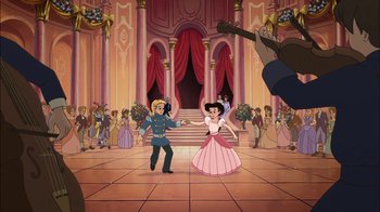 Movie still from “The Little Mermaid II: Return to the Sea” (2000), directed by Bill Speers – A man and a woman are dancing in front of an audience; Wide shot, Over the shoulder angle