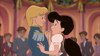 Movie still from “The Little Mermaid II: Return to the Sea” (2000), directed by Bill Speers – A man and a woman are standing in front of each other; Close Up shot, Over the shoulder angle