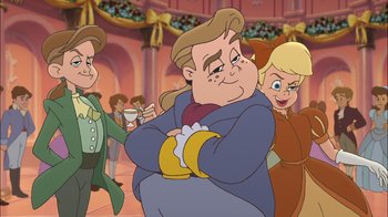 Movie still from “The Little Mermaid II: Return to the Sea” (2000), directed by Bill Speers – A man in a blue jacket standing in front of other people; Medium shot, Over the shoulder angle