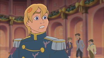 Movie still from “The Little Mermaid II: Return to the Sea” (2000), directed by Bill Speers – A cartoon of a man in a military uniform looking surprised; Close Up shot, Over the shoulder angle