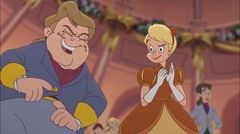 Movie still from “The Little Mermaid II: Return to the Sea” (2000), directed by Bill Speers – A woman in a brown dress is standing next to an older man; Medium shot, Over the shoulder angle