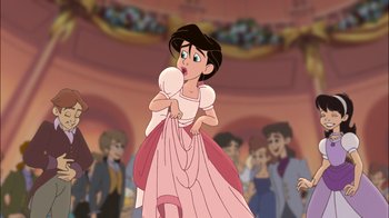 Movie still from “The Little Mermaid II: Return to the Sea” (2000), directed by Bill Speers – A woman in a pink dress holding onto a towel; Medium shot, Over the shoulder angle