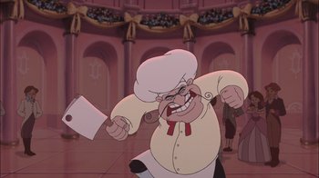 Movie still from “The Little Mermaid II: Return to the Sea” (2000), directed by Bill Speers – An animated character holding a piece of paper in his hand; Medium shot, Low angle