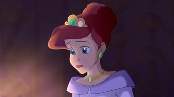 Movie still from “The Little Mermaid II: Return to the Sea” (2000), directed by Bill Speers – A cartoon of a woman wearing a hat and a necklace; Close Up shot, High angle
