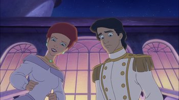 Movie still from “The Little Mermaid II: Return to the Sea” (2000), directed by Bill Speers – A man and a woman standing next to each other in front of a window; Medium shot, Over the shoulder angle