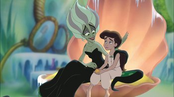 Movie still from “The Little Mermaid II: Return to the Sea” (2000), directed by Bill Speers – A woman sitting next to another woman in a black dress; Medium shot, High angle