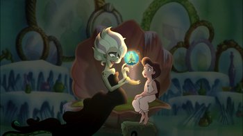 Movie still from “The Little Mermaid II: Return to the Sea” (2000), directed by Bill Speers – An animated picture of a woman and a girl; Wide shot, High angle
