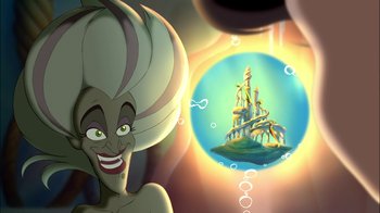 Movie still from “The Little Mermaid II: Return to the Sea” (2000), directed by Bill Speers – A cartoon character with a castle in the background; Medium shot, Low angle