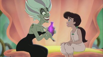 Movie still from “The Little Mermaid II: Return to the Sea” (2000), directed by Bill Speers – A woman holding a vase next to another woman sitting down; Medium shot, Over the shoulder angle