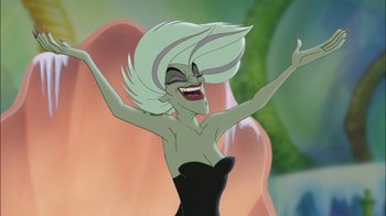 Movie still from “The Little Mermaid II: Return to the Sea” (2000), directed by Bill Speers – A woman in a black and white dress is smiling and holding her arms in the air; Close Up shot, Low angle