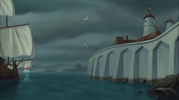 Movie still from “The Little Mermaid II: Return to the Sea” (2000), directed by Bill Speers – A painting of a bridge in the middle of the ocean; Extreme Wide shot, Low angle