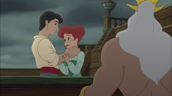 Movie still from “The Little Mermaid II: Return to the Sea” (2000), directed by Bill Speers – A couple of people that are looking at each other; Medium shot, Over the shoulder angle