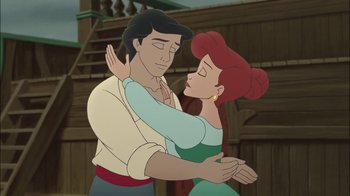 Movie still from “The Little Mermaid II: Return to the Sea” (2000), directed by Bill Speers – A man and a woman are dancing together; Medium shot, Over the shoulder angle