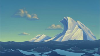 Movie still from “The Little Mermaid II: Return to the Sea” (2000), directed by Bill Speers – An illustration of a mountain range with a wave in the foreground; Extreme Wide shot, Low angle