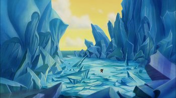 Movie still from “The Little Mermaid II: Return to the Sea” (2000), directed by Bill Speers – A painting of an ice cave with a penguin swimming in it; Extreme Wide shot, High angle