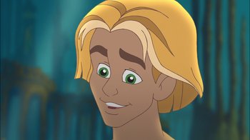 Movie still from “The Little Mermaid II: Return to the Sea” (2000), directed by Bill Speers – A cartoon character with blonde hair and green eyes; Close Up shot, Over the shoulder angle