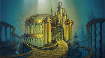 Movie still from “The Little Mermaid II: Return to the Sea” (2000), directed by Bill Speers – A painting of an underwater castle with a staircase leading up to it; Extreme Wide shot, High angle