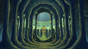 Movie still from “The Little Mermaid II: Return to the Sea” (2000), directed by Bill Speers – An artistic painting of a tunnel in the middle of a forest; Extreme Wide shot, High angle
