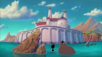 Movie still from “The Little Mermaid II: Return to the Sea” (2000), directed by Bill Speers – A painting of a bear in the water with a castle in the background; Extreme Wide shot, High angle