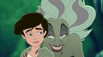 Movie still from “The Little Mermaid II: Return to the Sea” (2000), directed by Bill Speers – A person and a character from the disney movie the little mermaid; Close Up shot, Over the shoulder angle