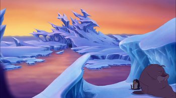 Movie still from “The Little Mermaid II: Return to the Sea” (2000), directed by Bill Speers – A painting of an ice and snow landscape with penguins; Extreme Wide shot, High angle