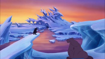 Movie still from “The Little Mermaid II: Return to the Sea” (2000), directed by Bill Speers – An animated scene of a bear and a penguin; Extreme Wide shot, High angle