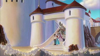 Movie still from “The Little Mermaid II: Return to the Sea” (2000), directed by Bill Speers – A painting of two people walking down a staircase; Extreme Wide shot, Low angle