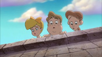 Movie still from “The Little Mermaid II: Return to the Sea” (2000), directed by Bill Speers – A group of people standing next to each other on top of a brick wall; Close Up shot, Low angle